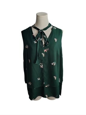 Vintage Metaphor Deep Green & Pink Floral Tie Kneck Sleeveless Blouse Size Large